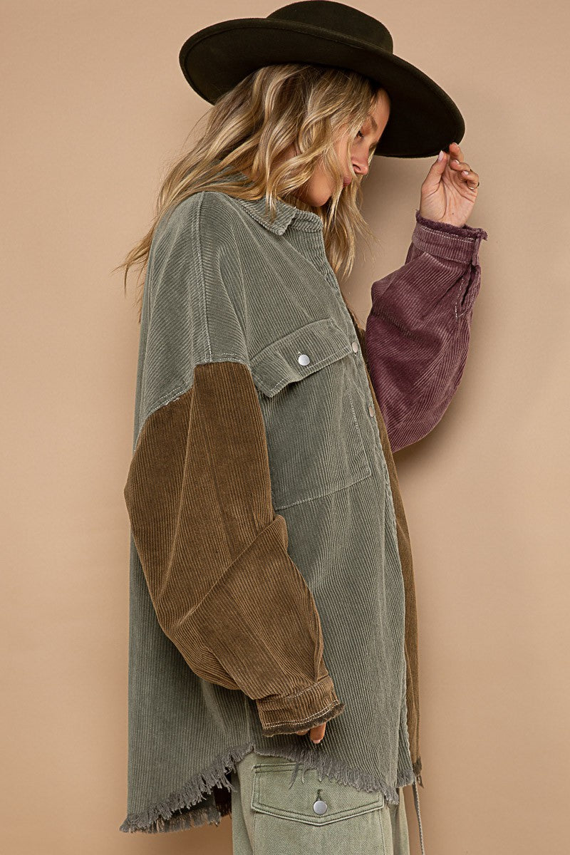 POL Contrast Panels Button Down Corduroy Frayed Edge Shacket Jacket - Roulhac Fashion Boutique