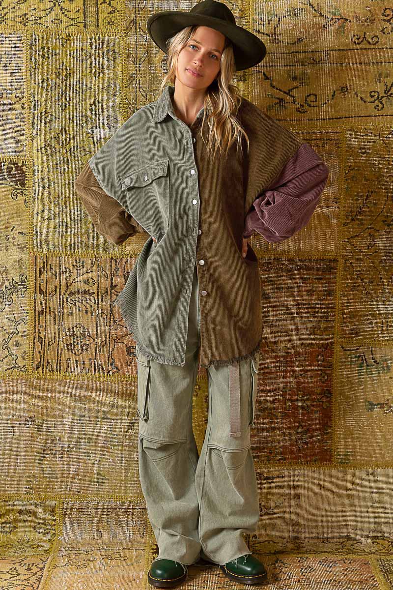POL Contrast Panels Button Down Corduroy Frayed Edge Shacket Jacket - Roulhac Fashion Boutique