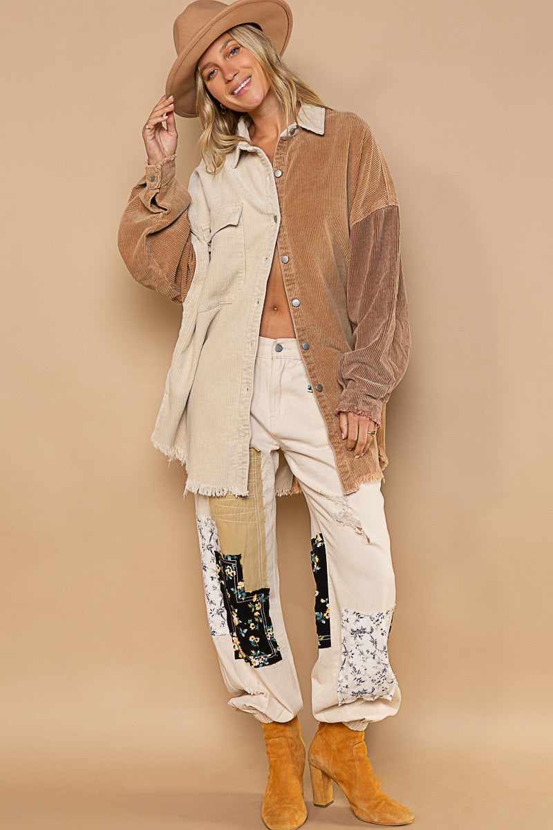 POL Contrast Panels Button Down Corduroy Frayed Edge Shacket Jacket - Roulhac Fashion Boutique