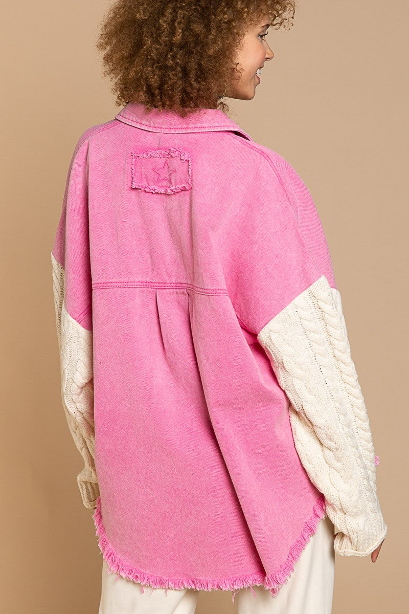 POL Contrast Sweater Sleeve Button Down Shacket - Roulhac Fashion Boutique