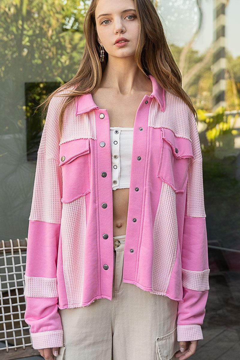 POL Oversize Contrast Panels Snap Button Shacket