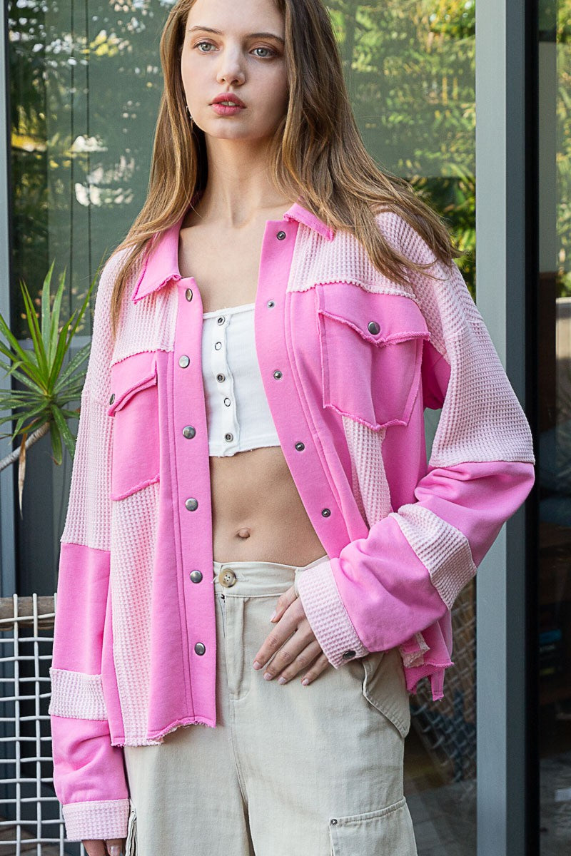 POL Oversize Contrast Panels Snap Button Shacket