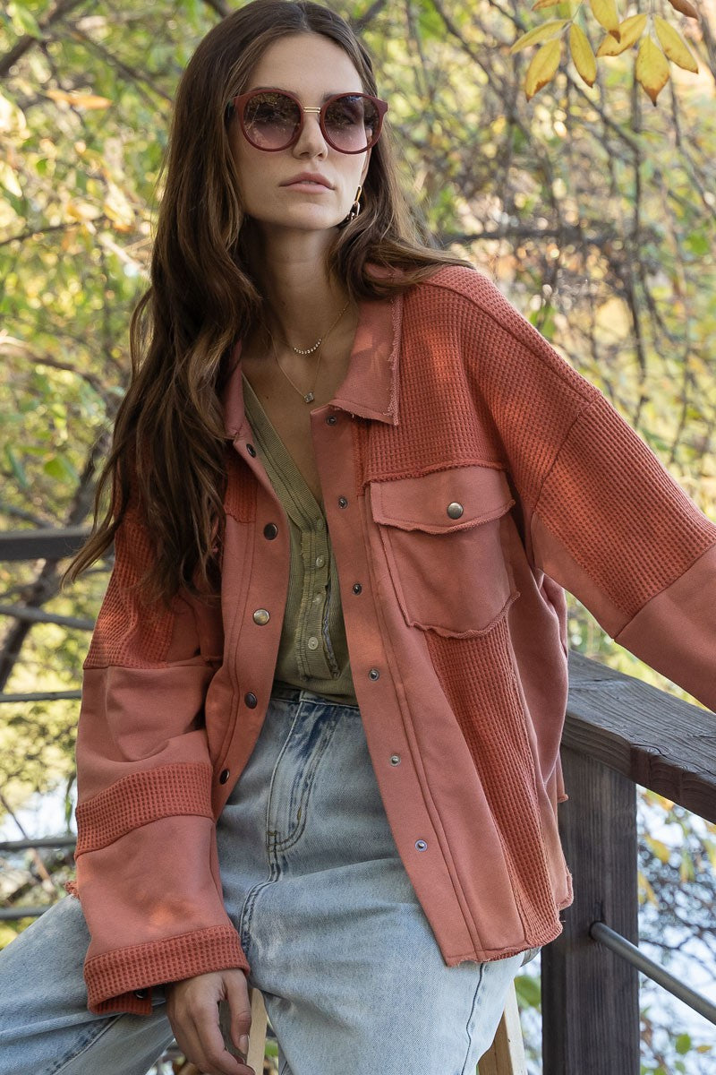 POL Oversize Contrast Panels Snap Button Shacket - Roulhac Fashion Boutique