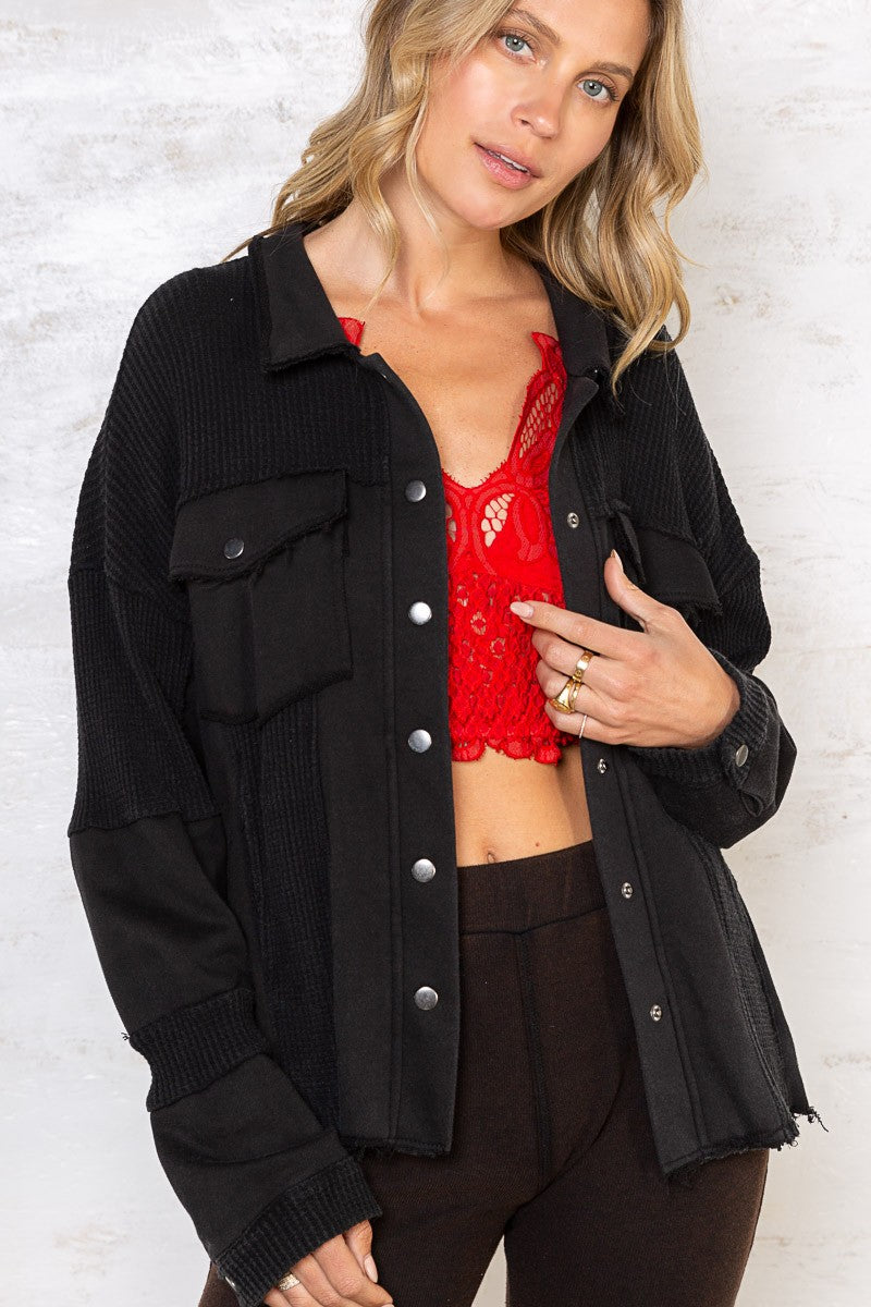 POL Oversize Contrast Panels Snap Button Shacket