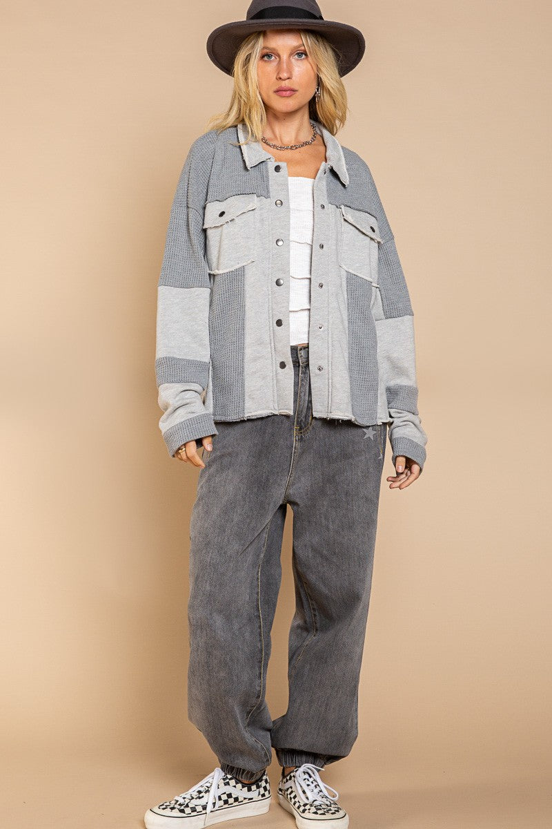 POL Oversize Contrast Panels Snap Button Shacket