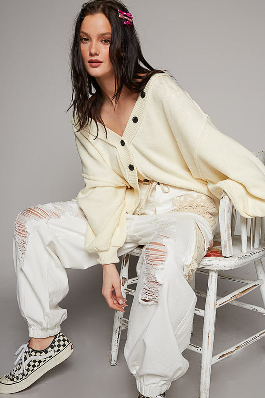 POL Dropped Shoulder Button Down Hacci Cardigan Top