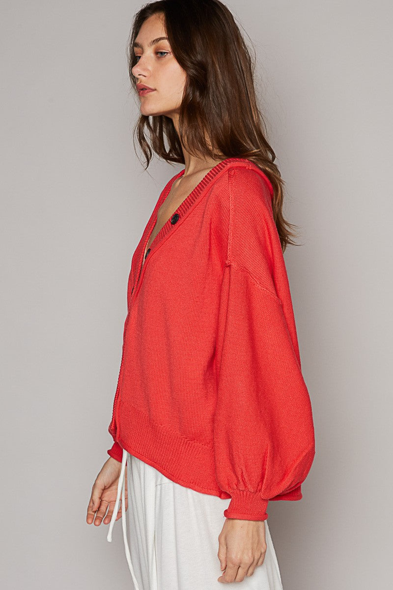 POL Dropped Shoulder Button Down Hacci Cardigan Top