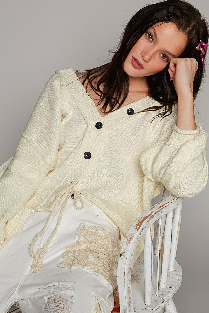 POL Dropped Shoulder Button Down Hacci Cardigan Top