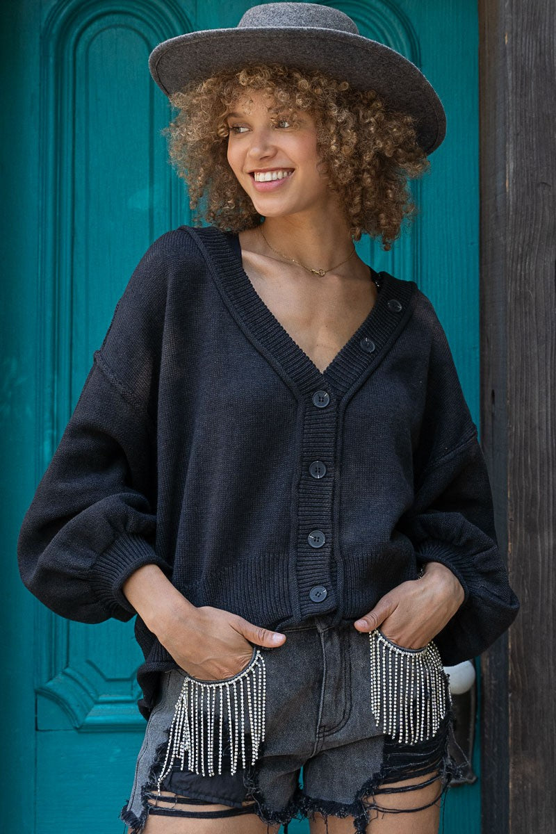 POL Dropped Shoulder Button Down Hacci Cardigan Top