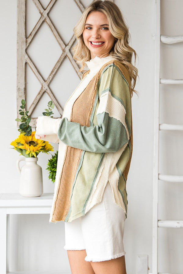 Oli & Hali Washed Fabric Mixed Long Sleeve Pullover Top