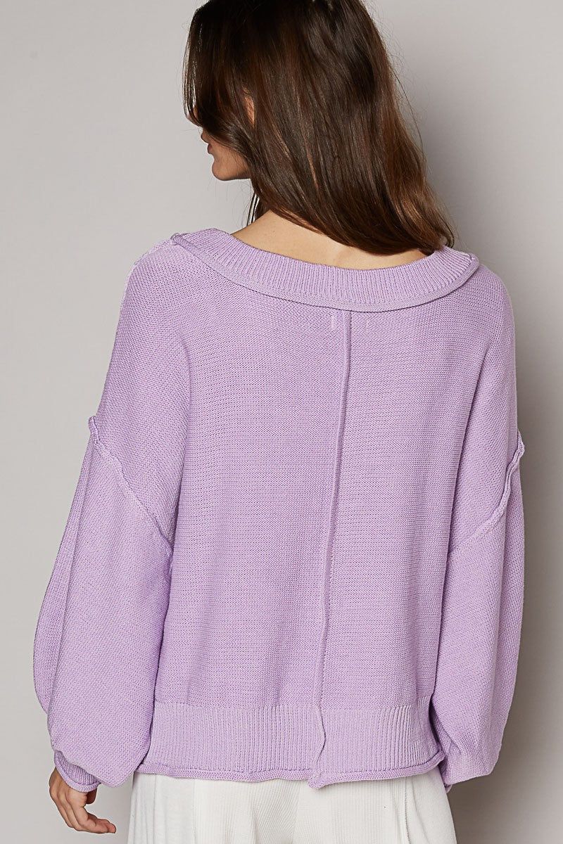 POL Wide V Neck Balloon Sleeve Oversize Hacci Sweater Top