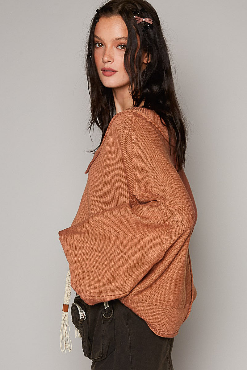 POL Wide V Neck Balloon Sleeve Oversize Hacci Sweater Top