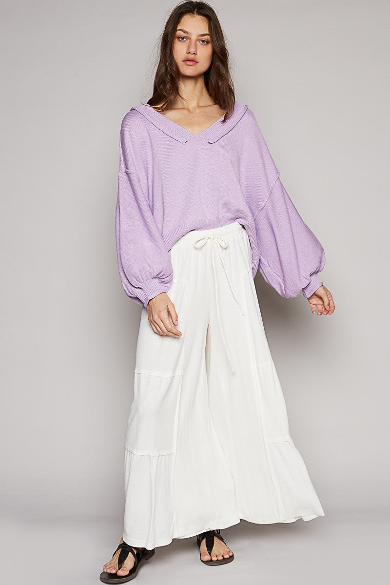 POL Wide V Neck Balloon Sleeve Oversize Hacci Sweater Top