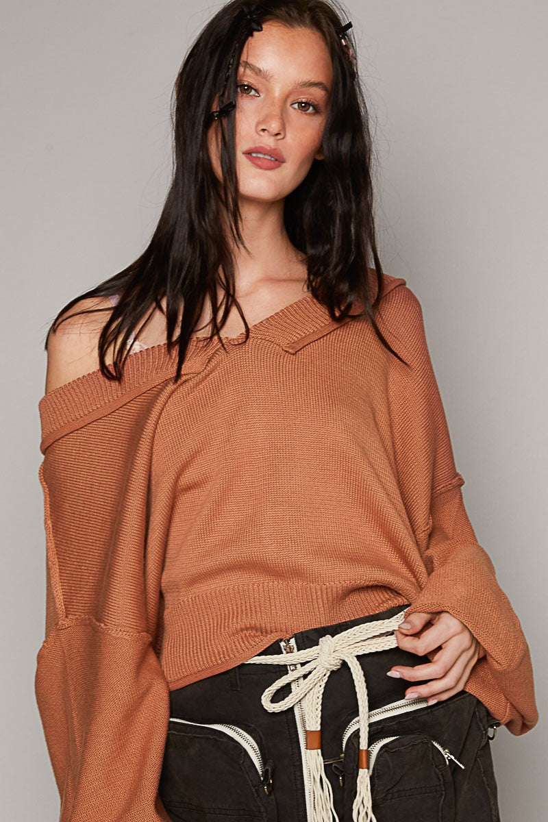 POL Wide V Neck Balloon Sleeve Oversize Hacci Sweater Top