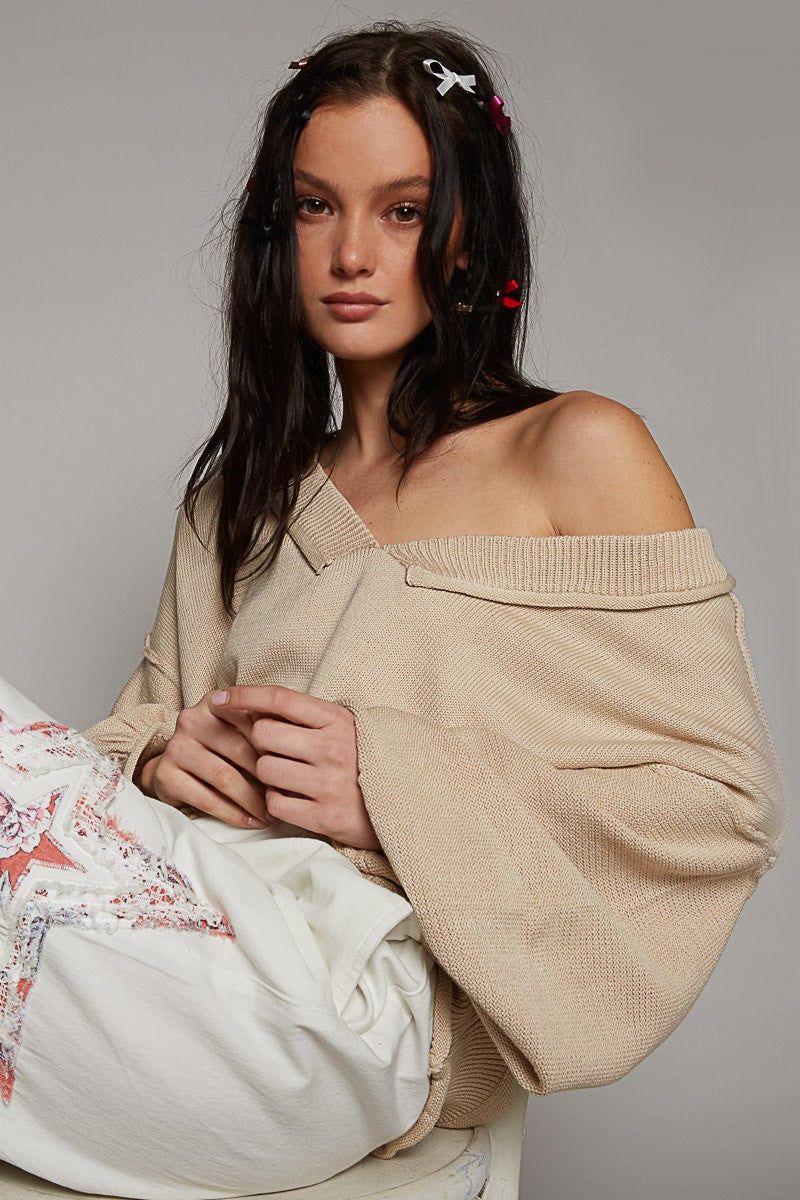 POL Wide V Neck Balloon Sleeve Oversize Hacci Sweater Top