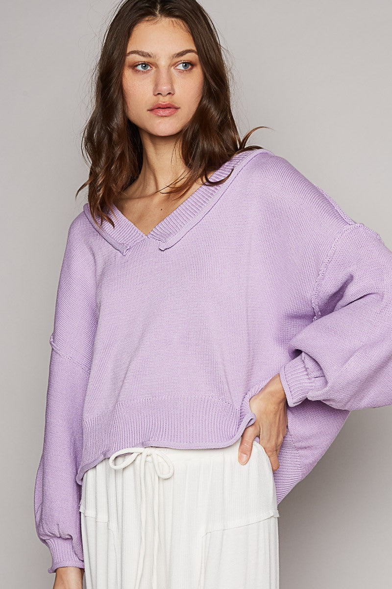 POL Wide V Neck Balloon Sleeve Oversize Hacci Sweater Top