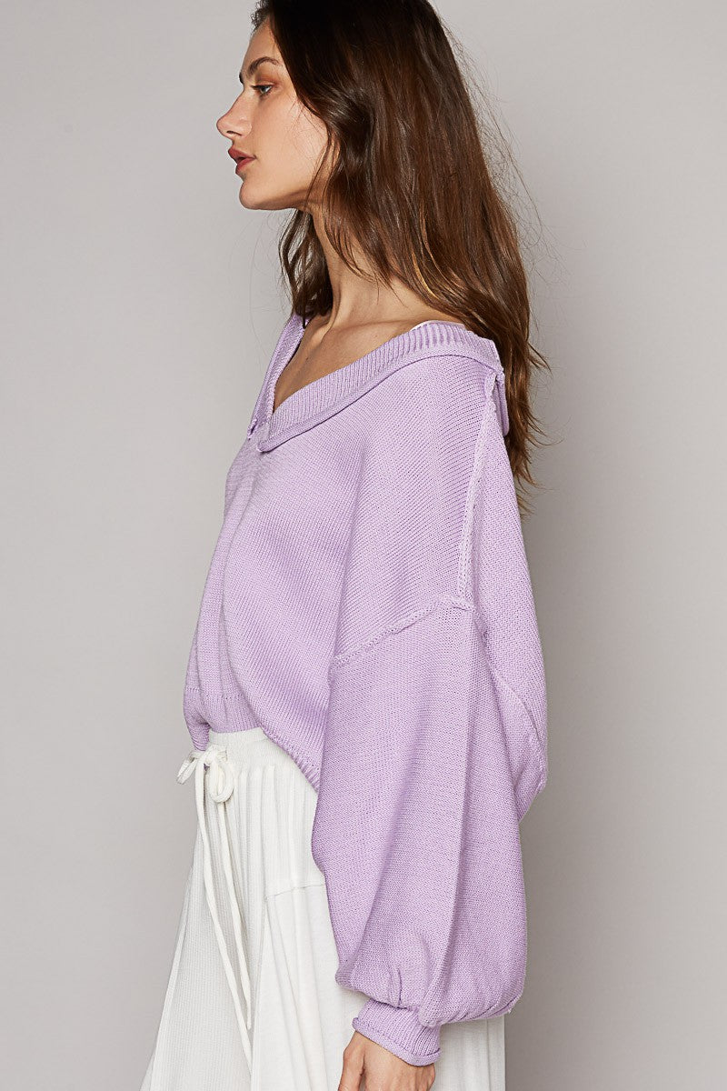 POL Wide V Neck Balloon Sleeve Oversize Hacci Sweater Top