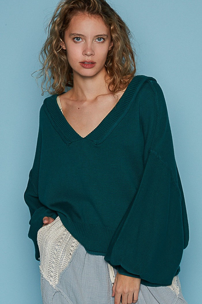 POL Wide V Neck Balloon Sleeve Oversize Hacci Sweater Top