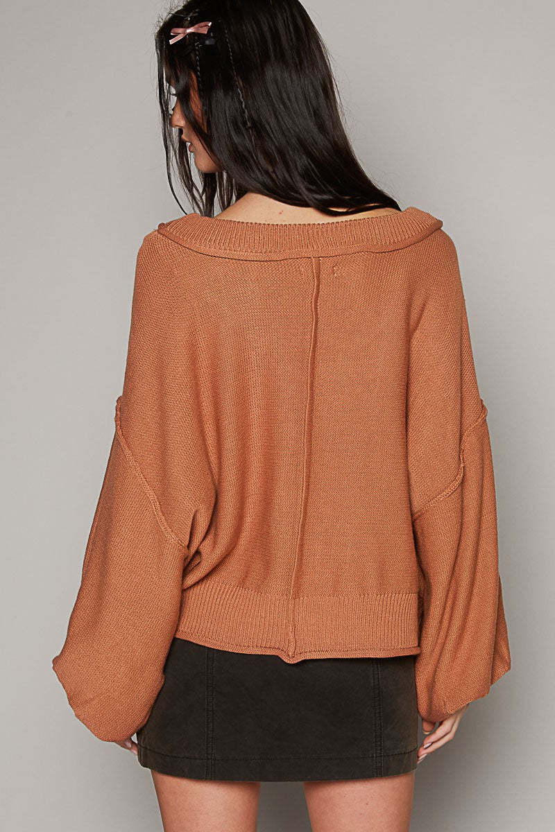 POL Wide V Neck Balloon Sleeve Oversize Hacci Sweater Top