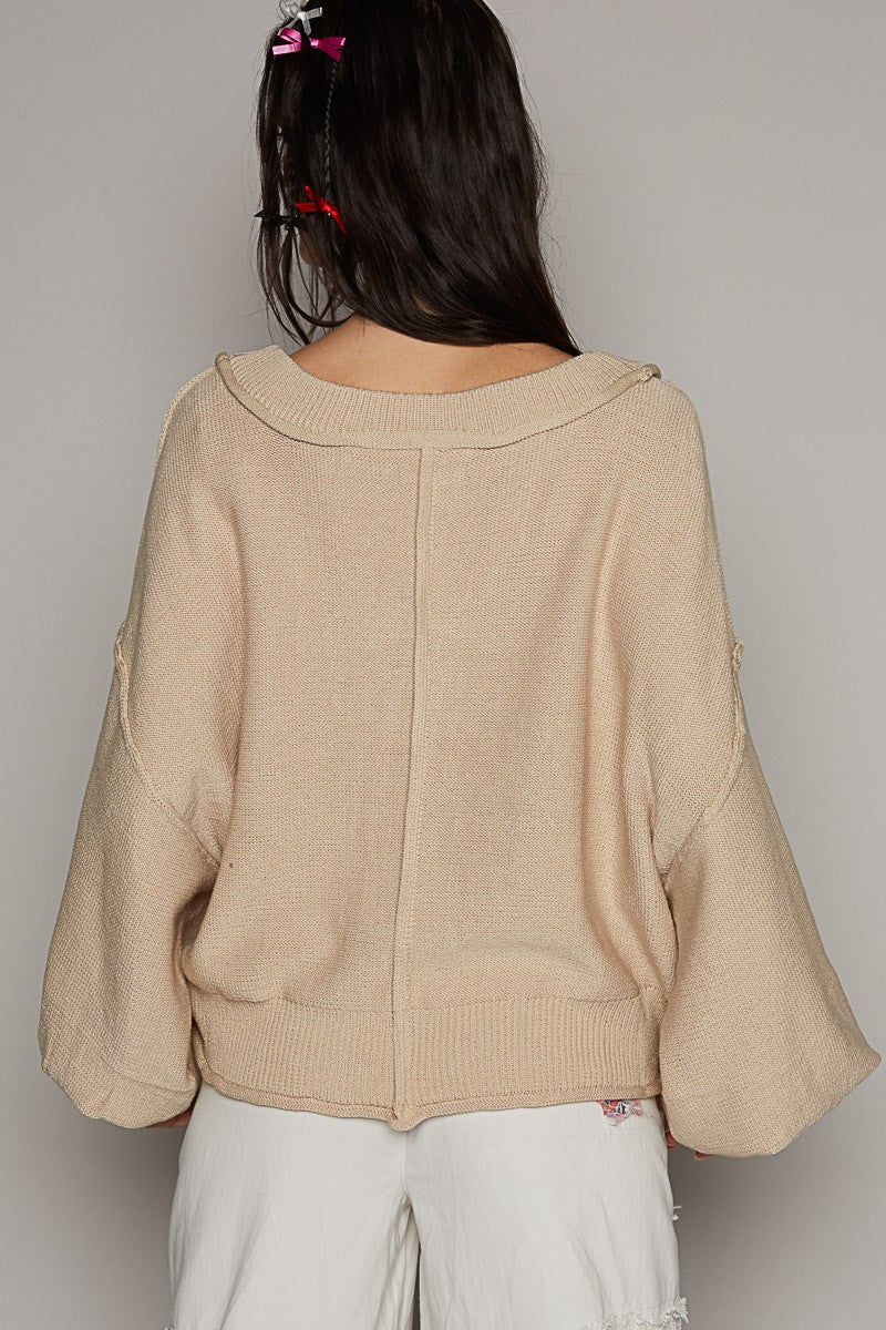 POL Wide V Neck Balloon Sleeve Oversize Hacci Sweater Top