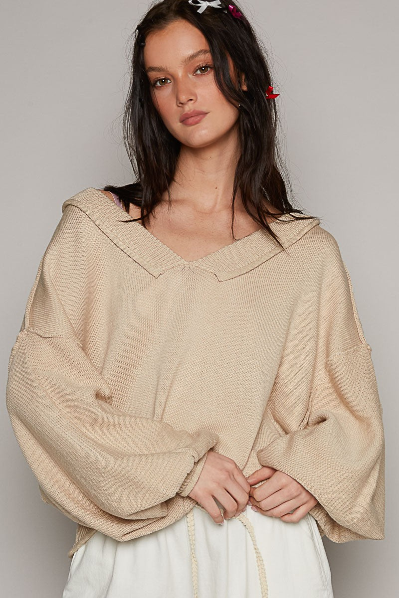 POL Wide V Neck Balloon Sleeve Oversize Hacci Sweater Top