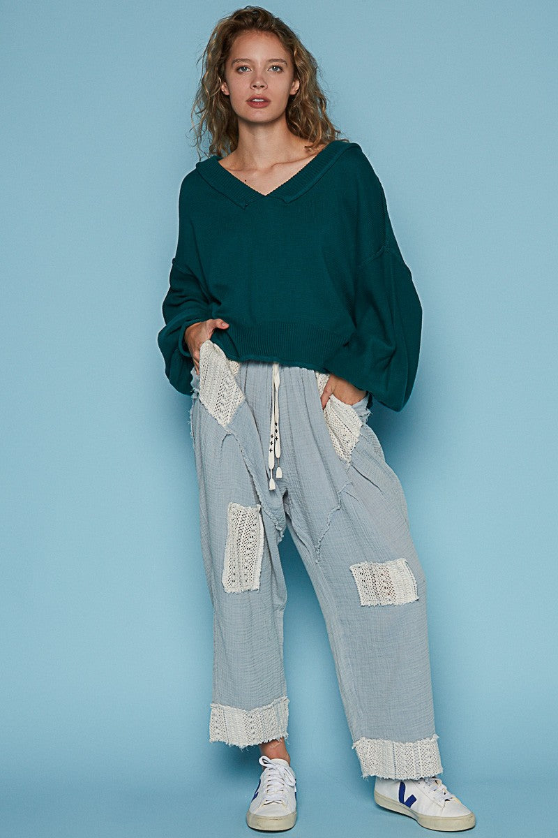 POL Wide V Neck Balloon Sleeve Oversize Hacci Sweater Top