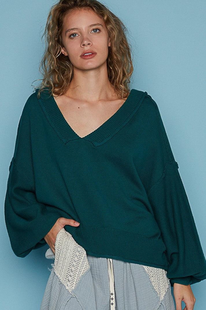 POL Wide V Neck Balloon Sleeve Oversize Hacci Sweater Top