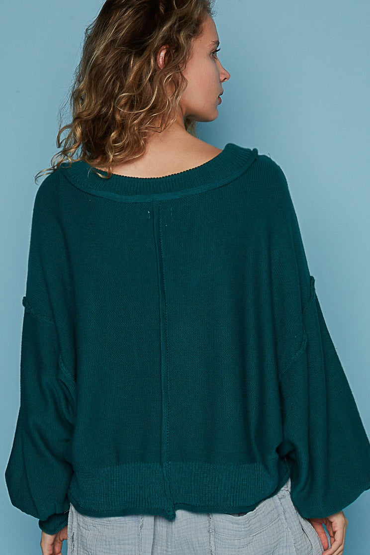 POL Wide V Neck Balloon Sleeve Oversize Hacci Sweater Top