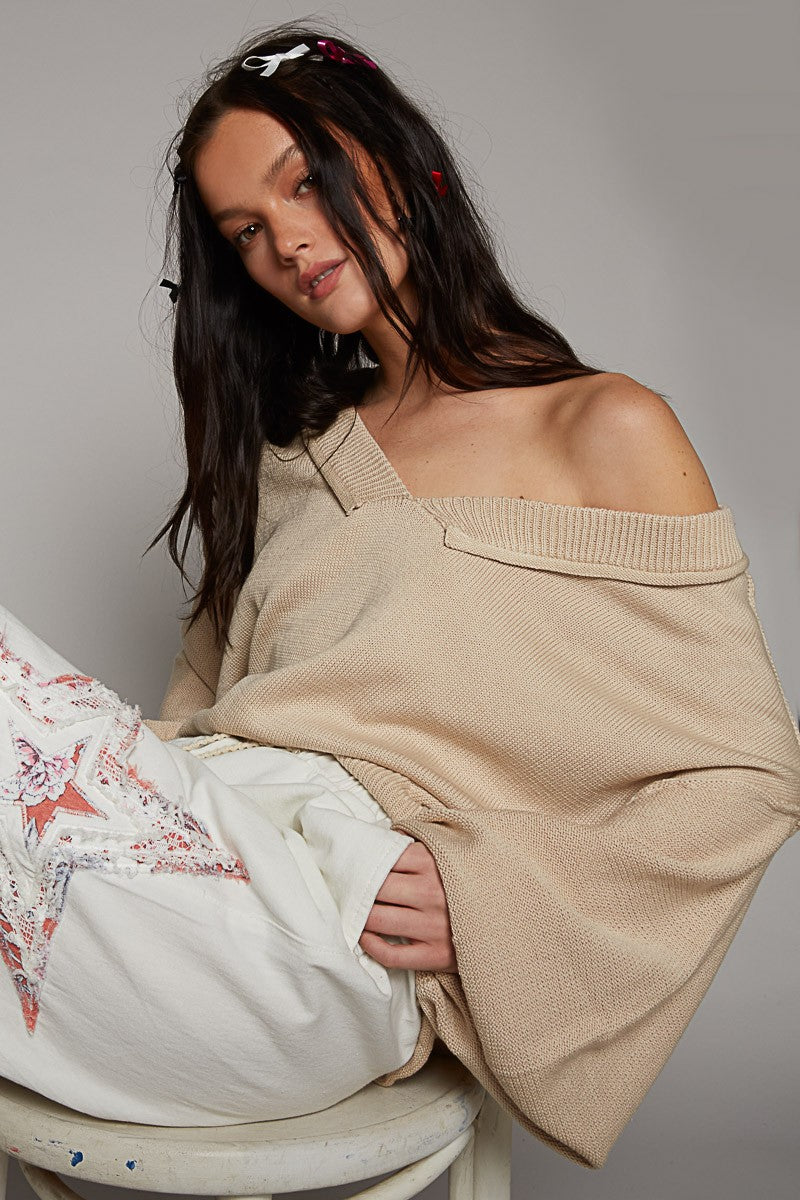 POL Wide V Neck Balloon Sleeve Oversize Hacci Sweater Top