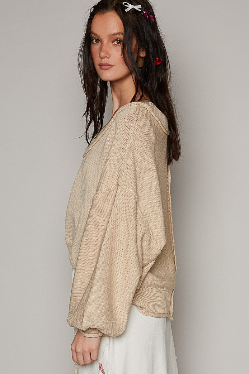 POL Wide V Neck Balloon Sleeve Oversize Hacci Sweater Top