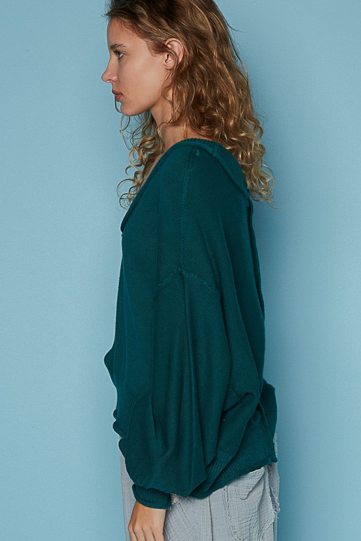 POL Wide V Neck Balloon Sleeve Oversize Hacci Sweater Top