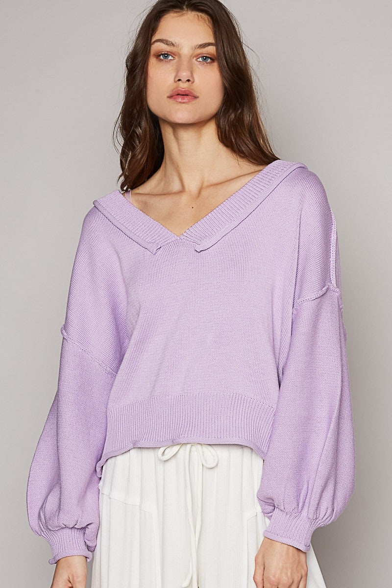 POL Wide V Neck Balloon Sleeve Oversize Hacci Sweater Top
