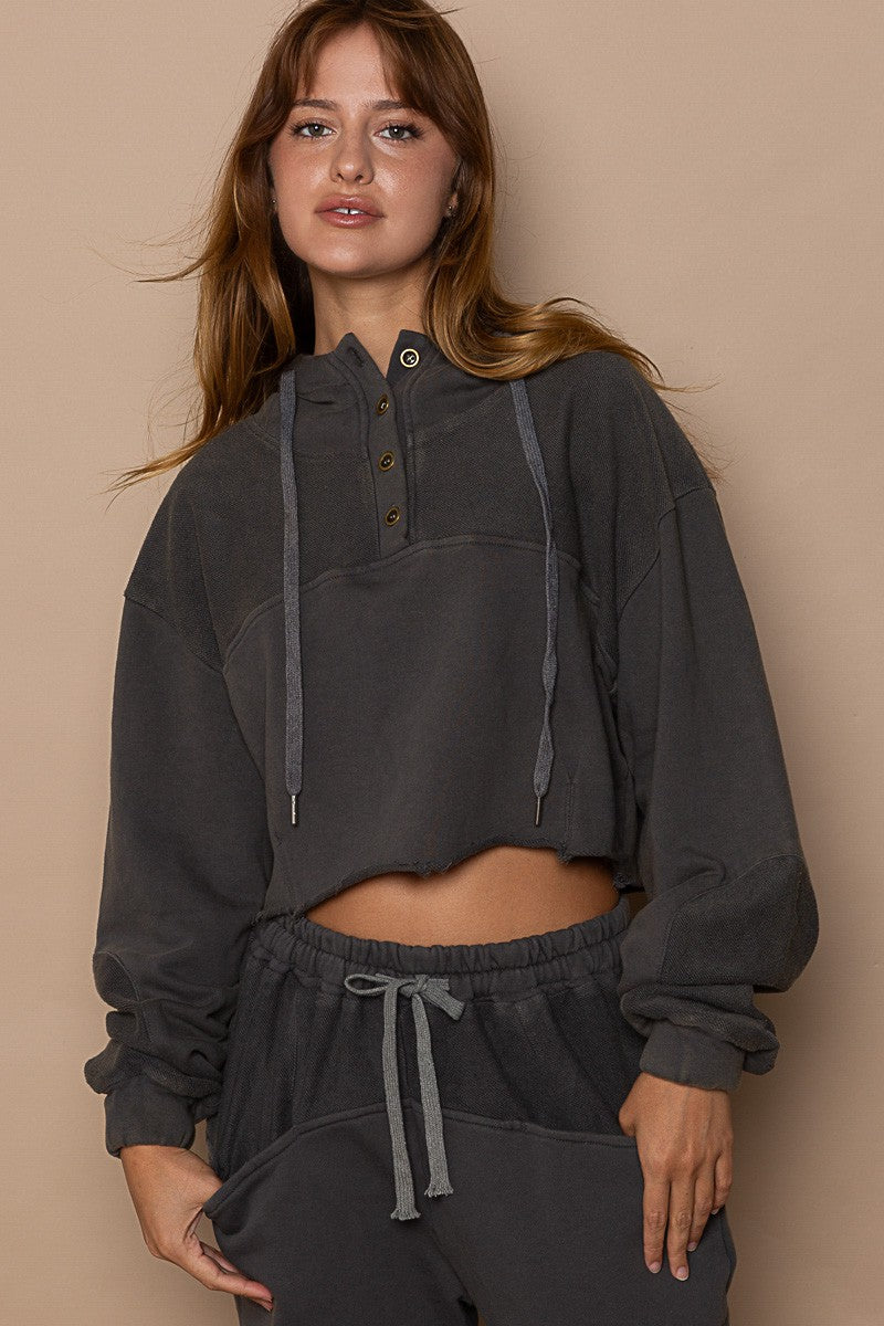 POL French Terry Turtle Neck Long Sleeve Raw Edge Hem Top