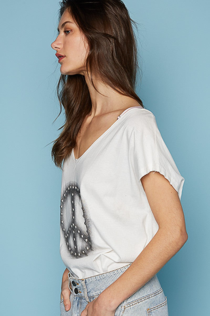 POL Short Sleeve Studded Peace Emblem Tee Top