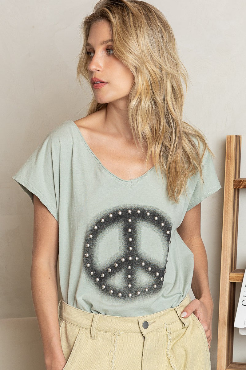 POL Short Sleeve Studded Peace Emblem Tee Top