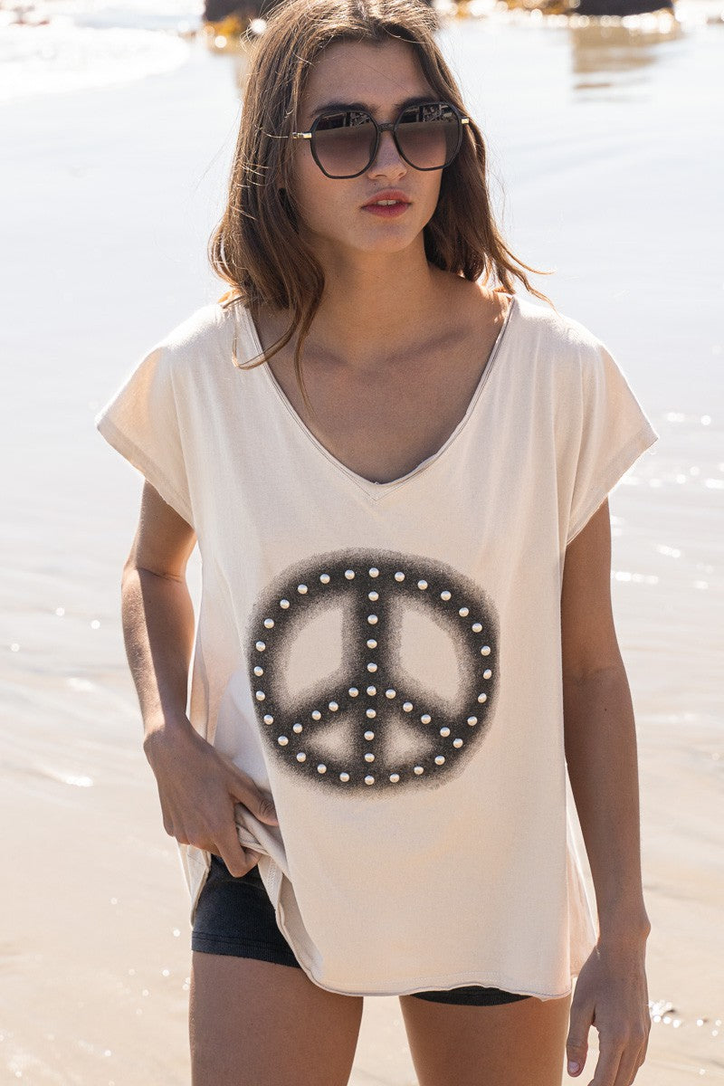 POL Short Sleeve Studded Peace Emblem Tee Top