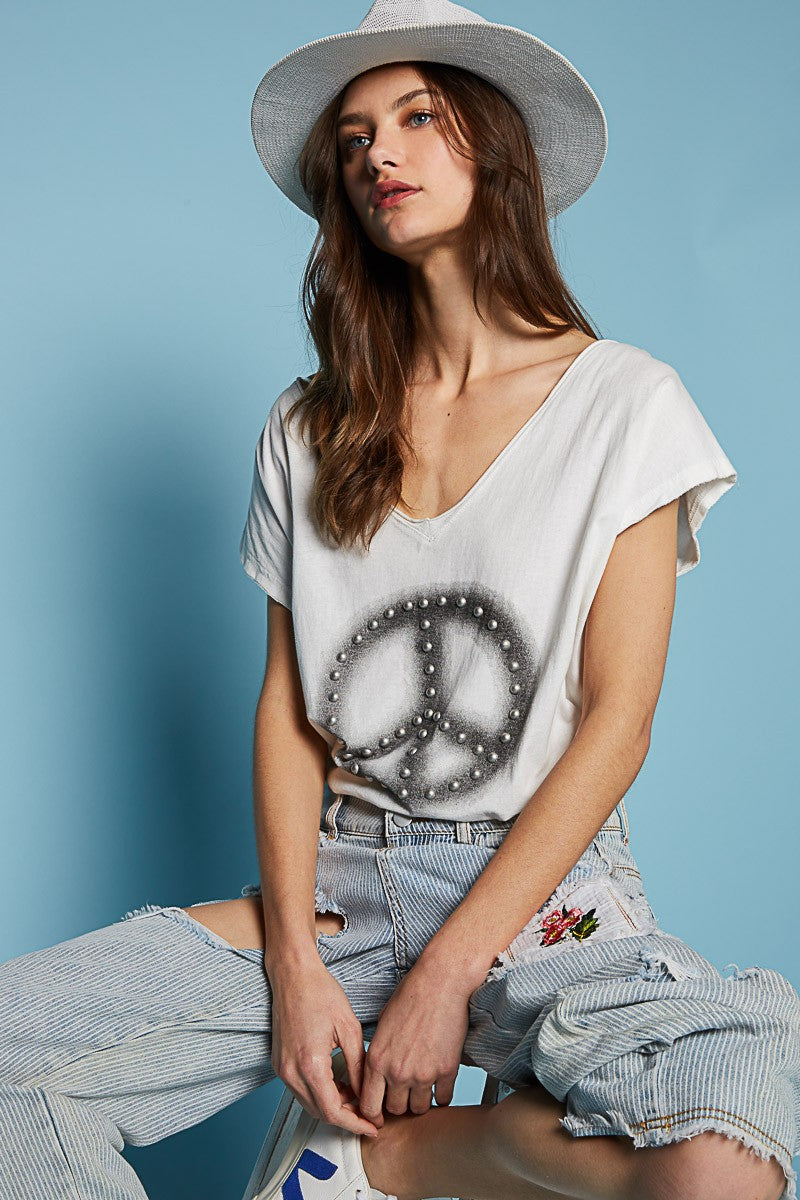 POL Short Sleeve Studded Peace Emblem Tee Top