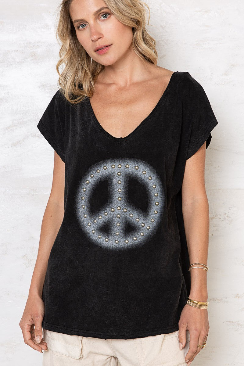 POL Short Sleeve Studded Peace Emblem Tee Top