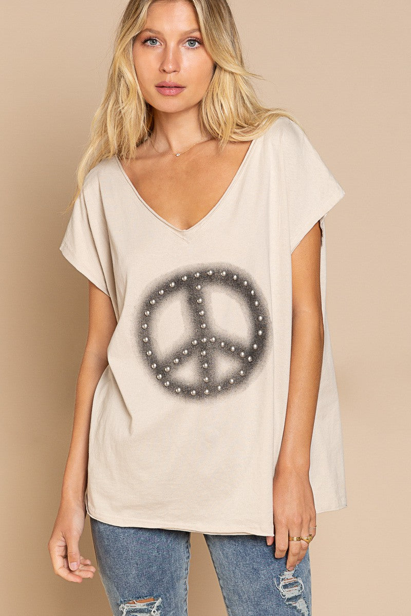 POL Short Sleeve Studded Peace Emblem Tee Top