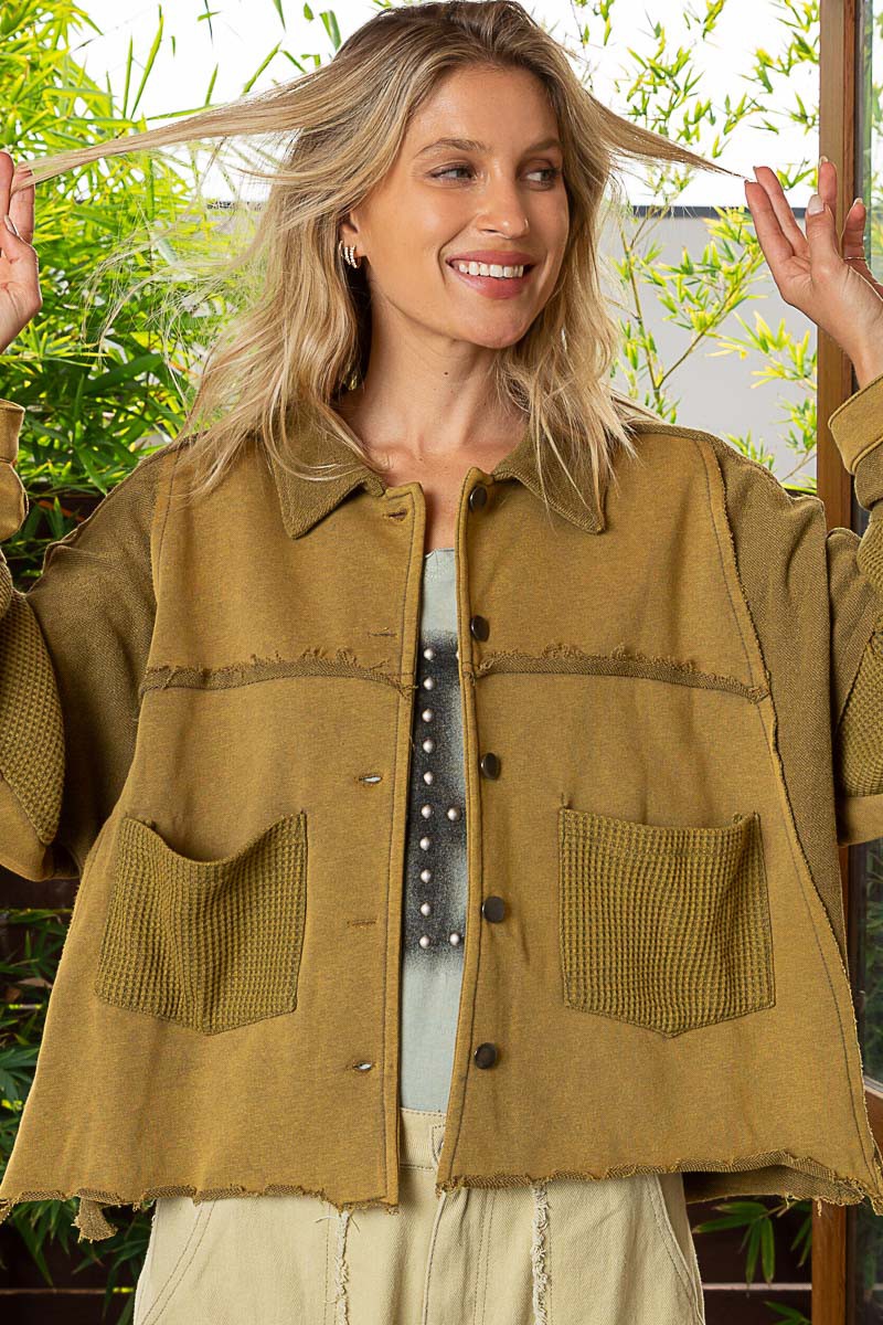 POL Raw Edge Hemline Button Closure Long Sleeve Jacket - Roulhac Fashion Boutique