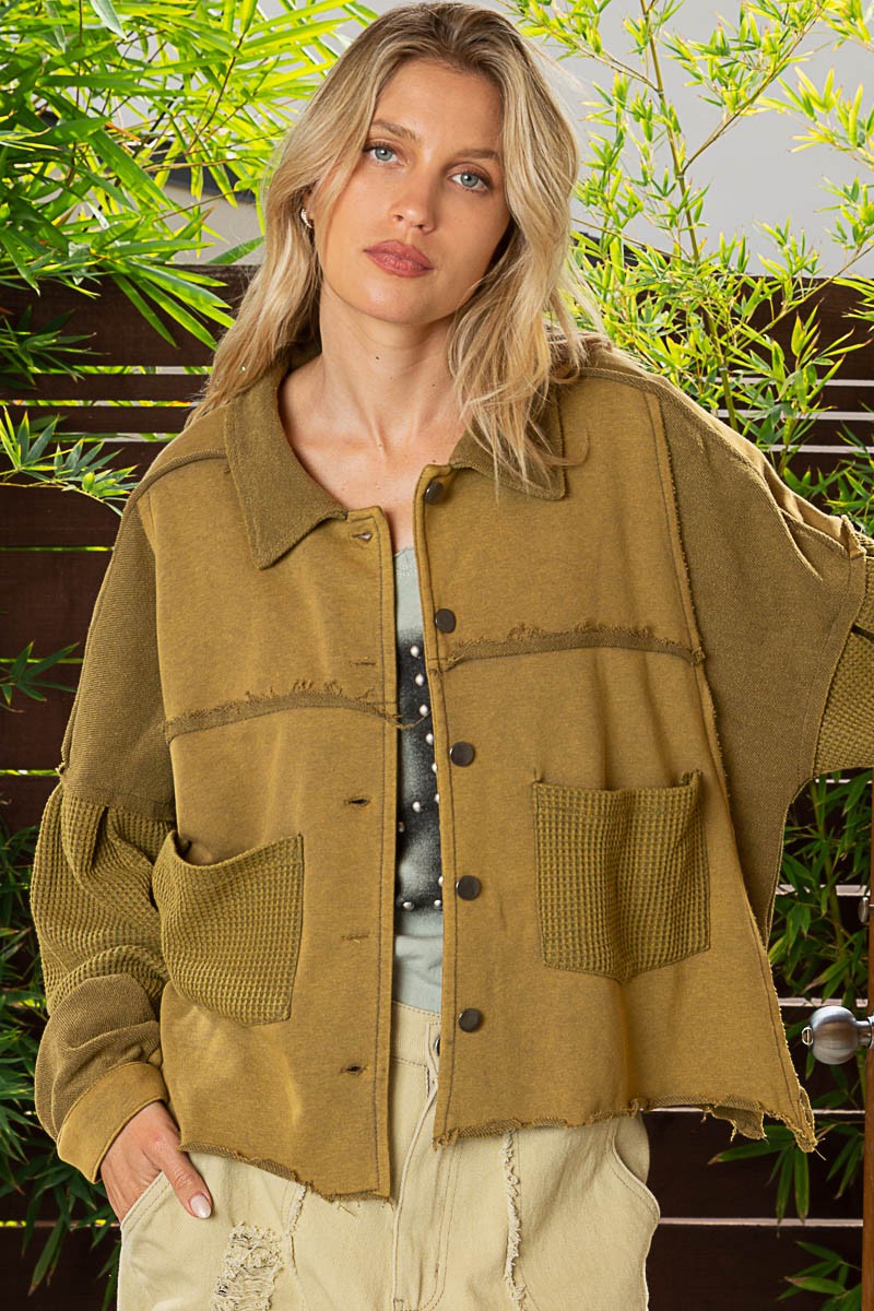 POL Raw Edge Hemline Button Closure Long Sleeve Jacket - Roulhac Fashion Boutique