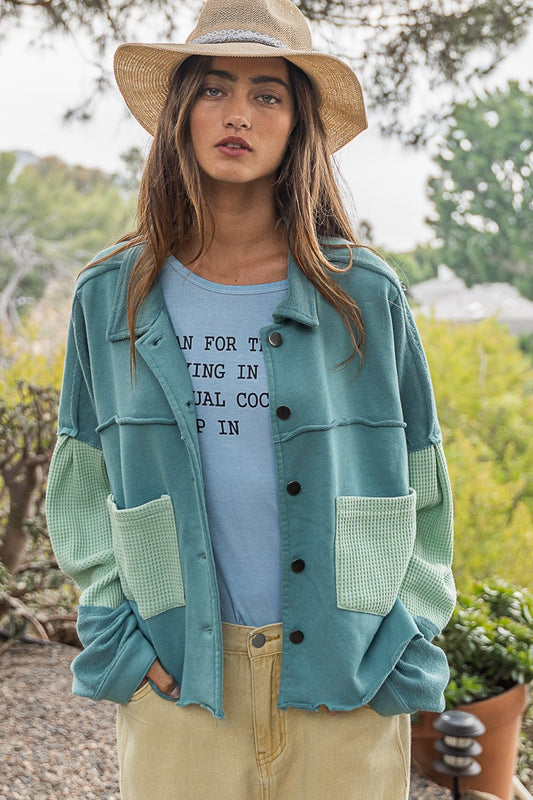 POL Raw Edge Hemline Button Closure Long Sleeve Jacket - Roulhac Fashion Boutique