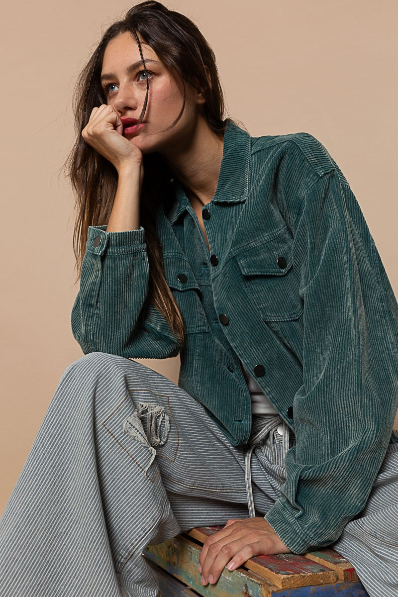 POL Button Down Distressed Hem Corduroy Jacket - Roulhac Fashion Boutique