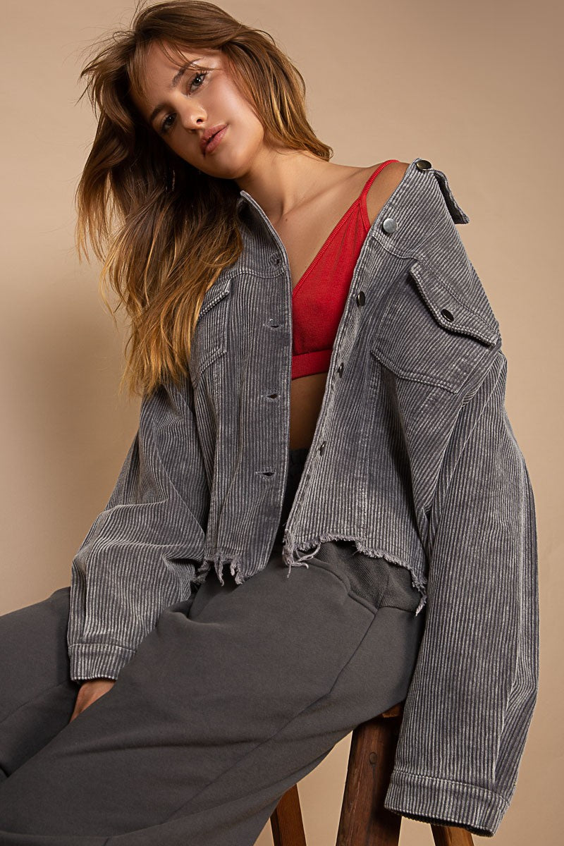 POL Button Down Distressed Hem Corduroy Jacket - Roulhac Fashion Boutique