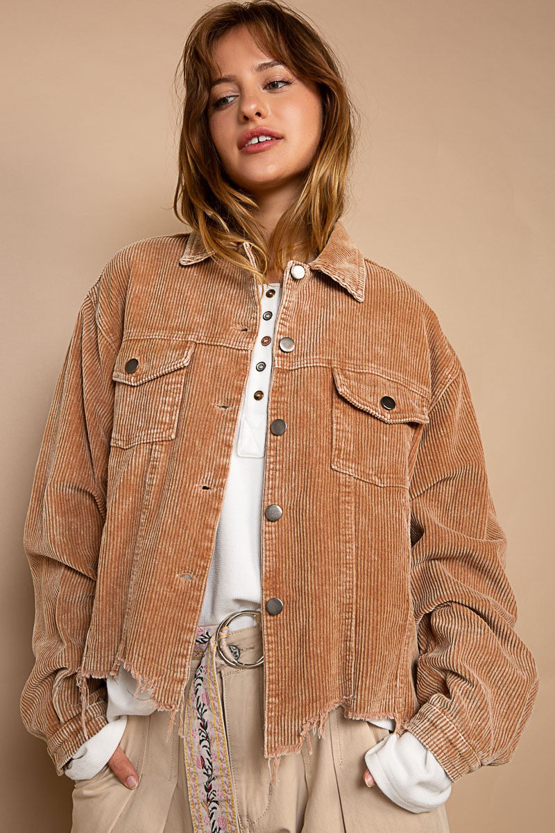 POL Button Down Distressed Hem Corduroy Jacket - Roulhac Fashion Boutique