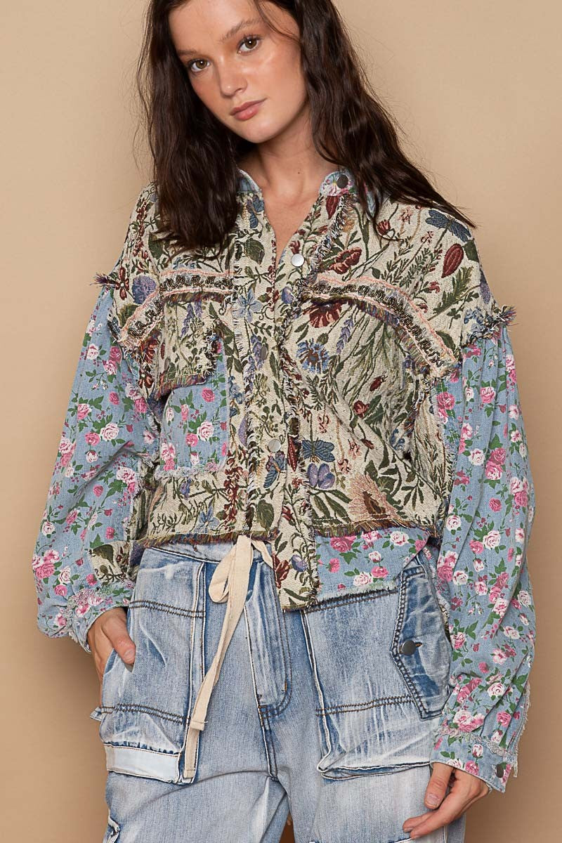 POL Oversized Fit Floral Print Hi-Lo Oversized Fit Denim Jacket - Roulhac Fashion Boutique