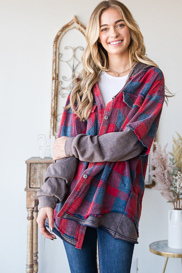 Oli & Hali Mineral Washed Plaid Hoodie Jacket Top