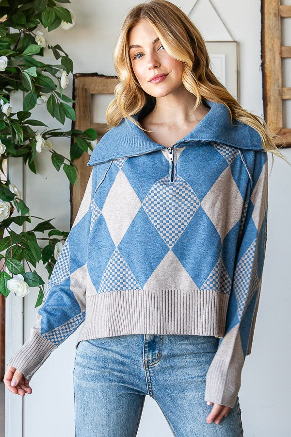 Oli & Hali Argyle Half Zip Up Pullover Sweater Top