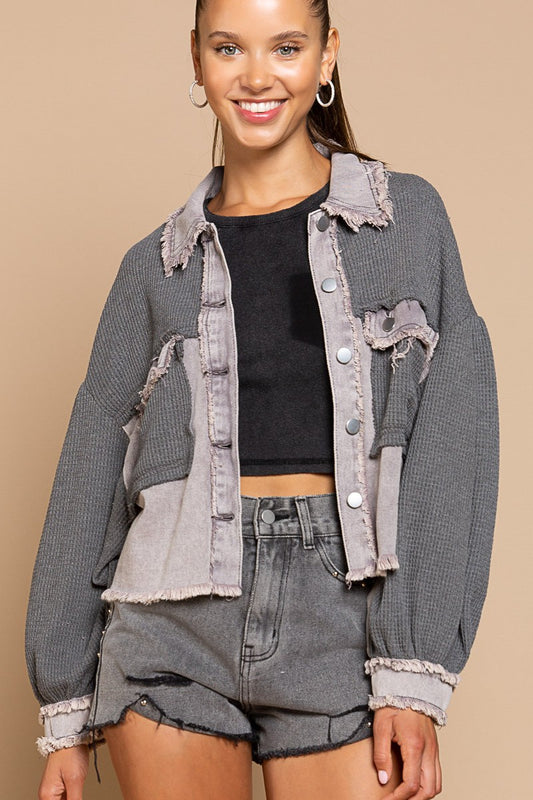 POL Oversize Contrast Twill Button Down Balloon Sleeve Shacket - Roulhac Fashion Boutique