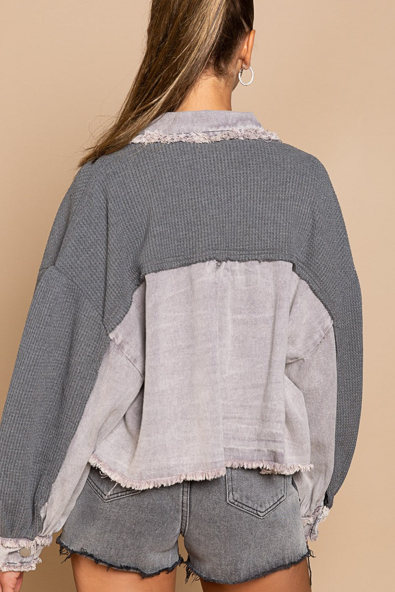 POL Oversize Contrast Twill Button Down Balloon Sleeve Shacket